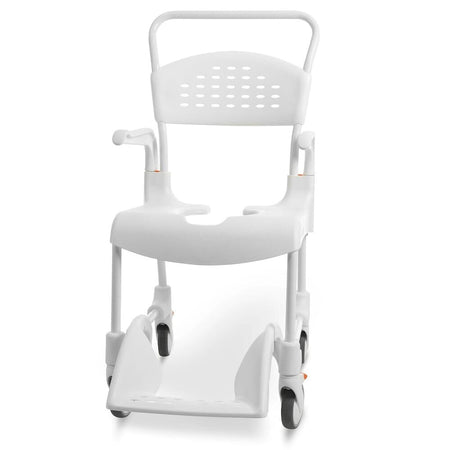 Etac Clean Shower Commode Chair with lid closed, highlighting the padded seat and discreet design.