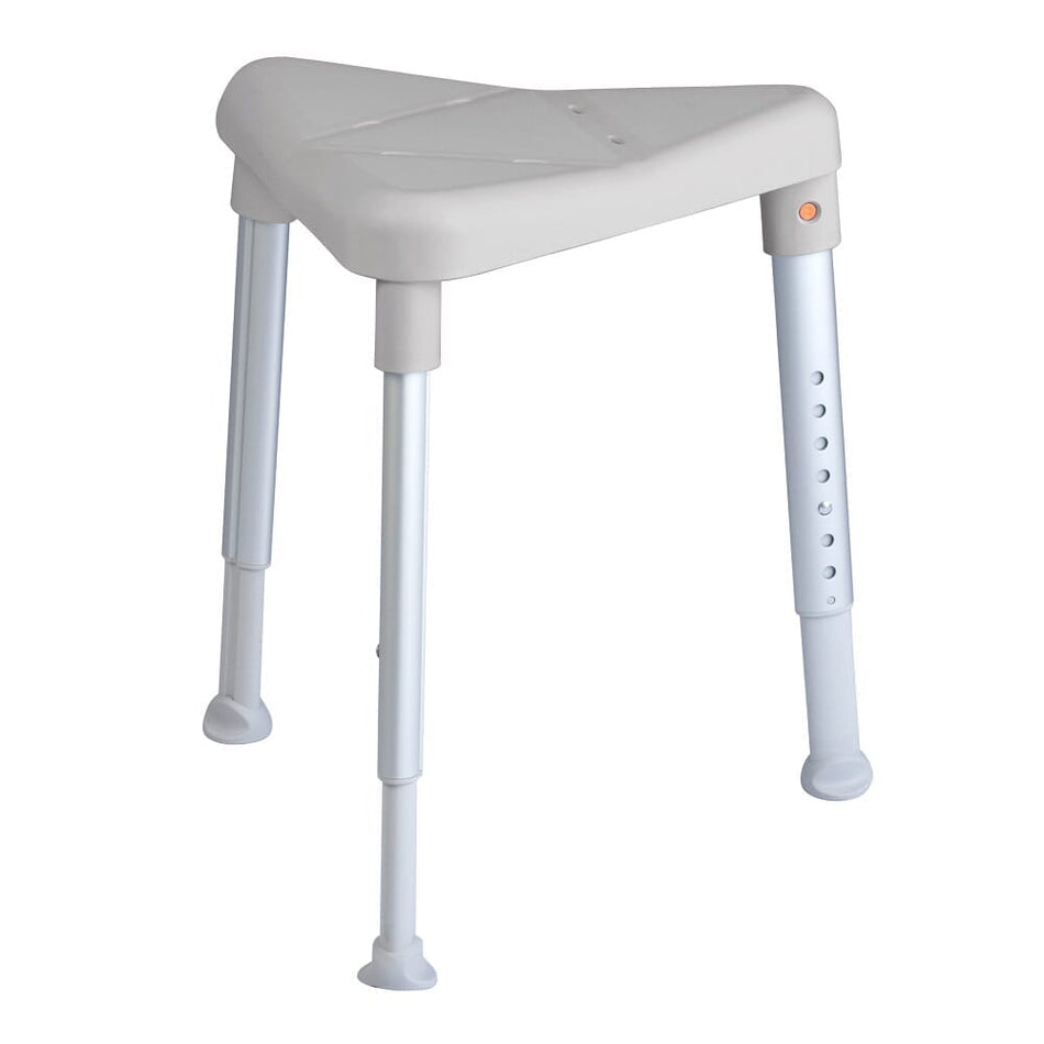 Angled view of Etac Edge Shower Stool shower stool with moulded seat and height-adjustable legs on a plain background.
