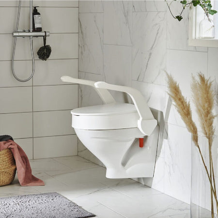 Image of Etac My-Loo Fixed Toilet Seat with Arm Rests on a plain background.