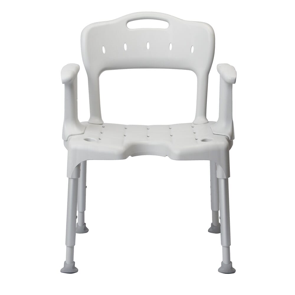 Angled view of Etac Swift Shower Chair with moulded seat, supportive backrest and height-adjustable legs on a plain background.