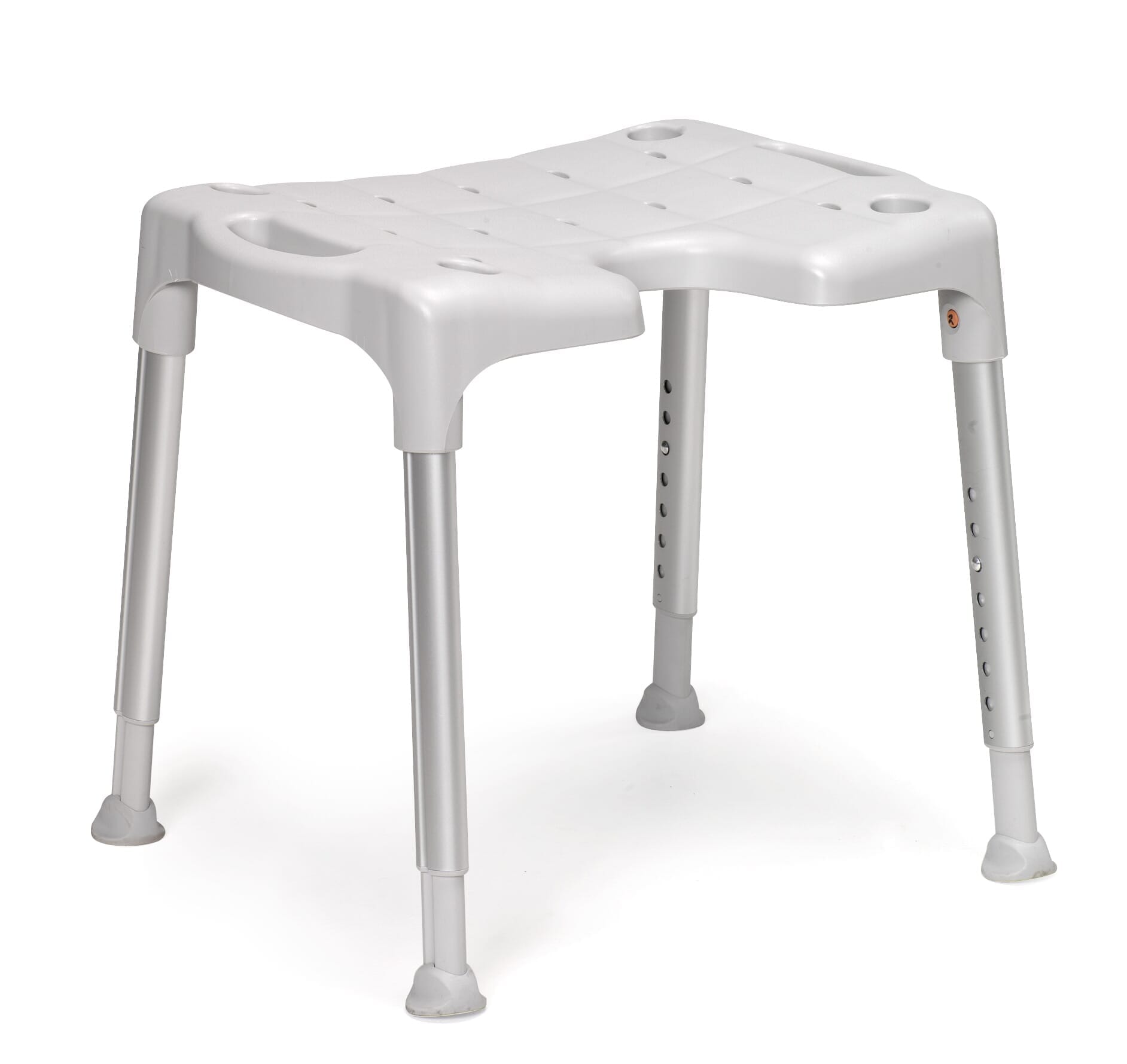 Angled view of Etac Swift Shower Stool shower stool with moulded seat and height-adjustable legs on a plain background.
