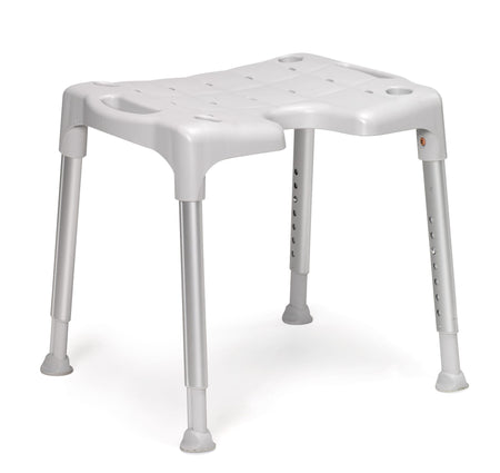 Angled view of Etac Swift Shower Stool shower stool with moulded seat and height-adjustable legs on a plain background.