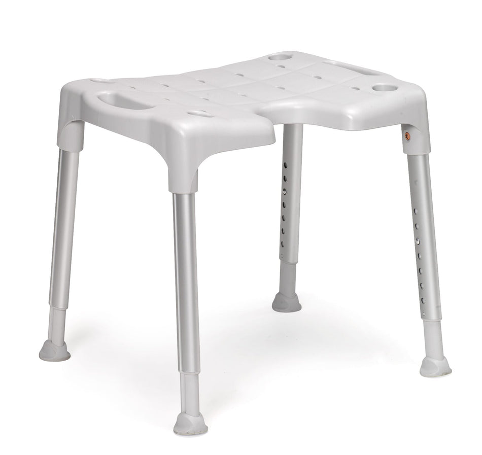 Angled view of Etac Swift Shower Stool shower stool with moulded seat and height-adjustable legs on a plain background.