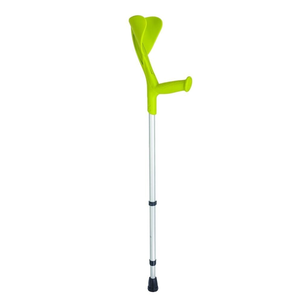 Evolution Elbow Crutch: single elbow crutch on a plain background with an ergonomic handle, adjustable height and open cuff.
