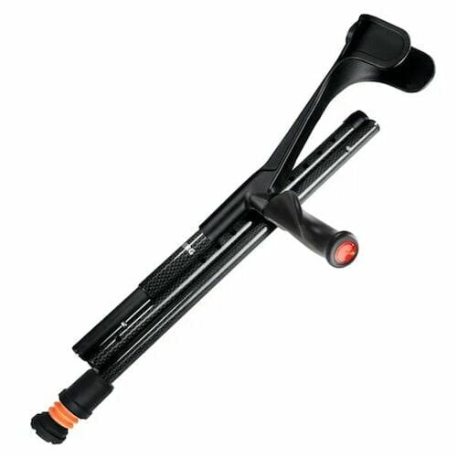 Flexyfoot Carbon Fibre Comfort Grip Folding Crutch: single elbow crutch on a plain background with an ergonomic handle, adjustable height and open cuff.