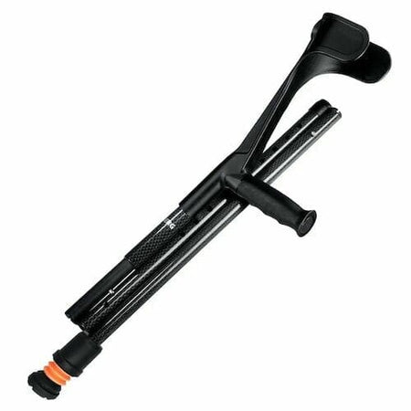 Flexyfoot Carbon Fibre Folding Crutch: single elbow crutch on a plain background with an ergonomic handle, adjustable height and open cuff.