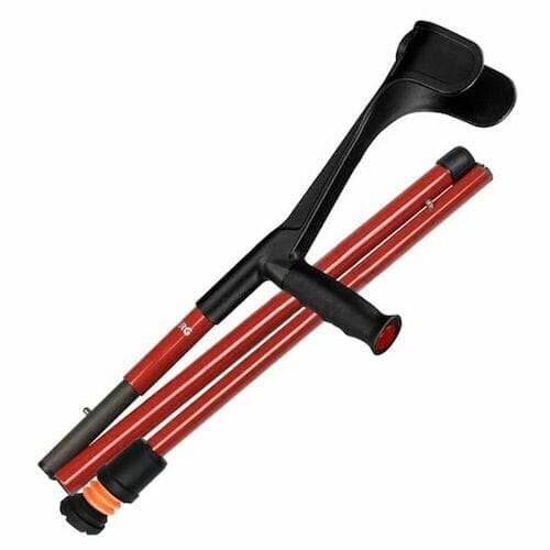 Flexyfoot Carbon Fibre Folding Crutch: single elbow crutch on a plain background with an ergonomic handle, adjustable height and open cuff.