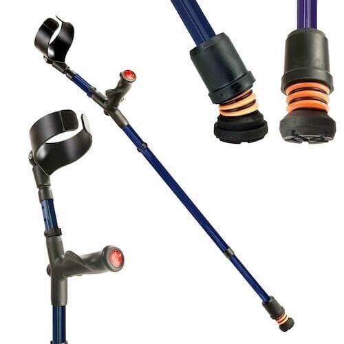 Flexyfoot Comfort Grip Double Adjustable Crutch: single elbow crutch on a plain background with an ergonomic handle, adjustable height and open cuff.