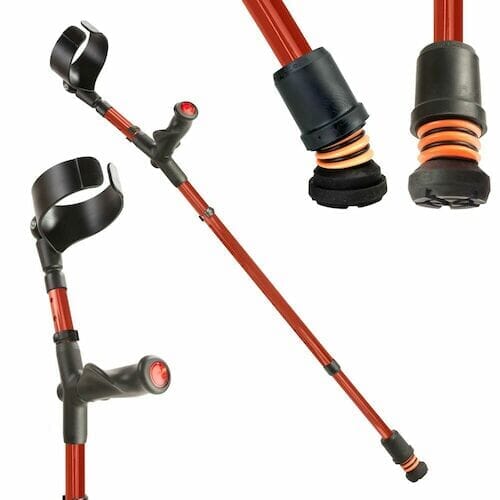 Flexyfoot Comfort Grip Double Adjustable Crutch: single elbow crutch on a plain background with an ergonomic handle, adjustable height and open cuff.