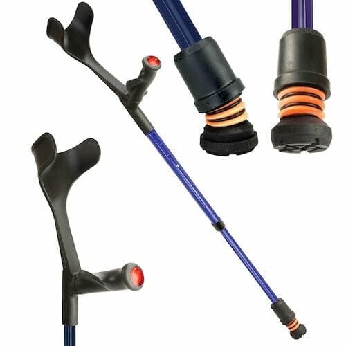 Flexyfoot Comfort Grip Open Cuff Crutch: single elbow crutch on a plain background with an ergonomic handle, adjustable height and open cuff.
