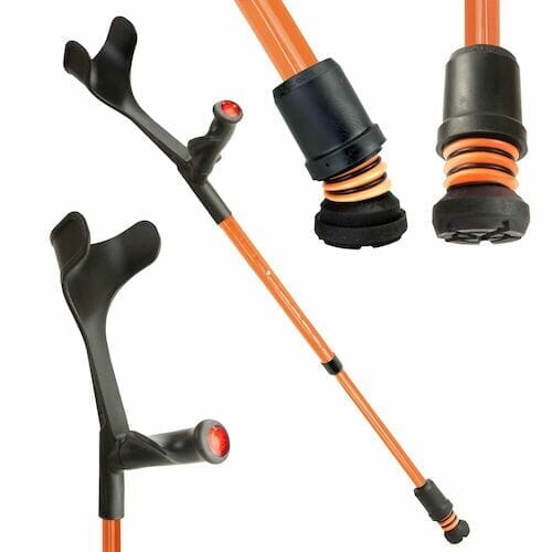 Flexyfoot Comfort Grip Open Cuff Crutch: single elbow crutch on a plain background with an ergonomic handle, adjustable height and open cuff.