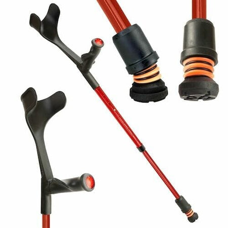 Flexyfoot Comfort Grip Open Cuff Crutch: single elbow crutch on a plain background with an ergonomic handle, adjustable height and open cuff.