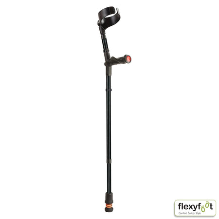Flexyfoot Comfy Grip Crutch: single elbow crutch on a plain background with an ergonomic handle, adjustable height and open cuff.