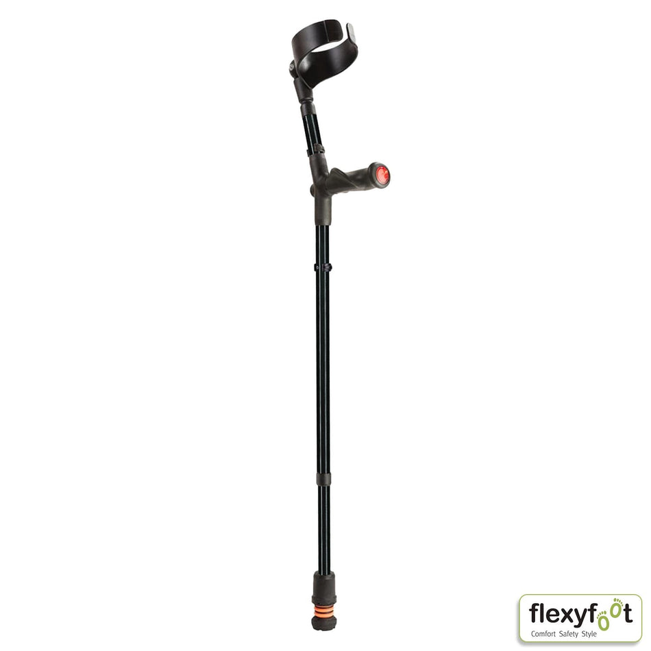 Flexyfoot Comfy Grip Crutch: single elbow crutch on a plain background with an ergonomic handle, adjustable height and open cuff.