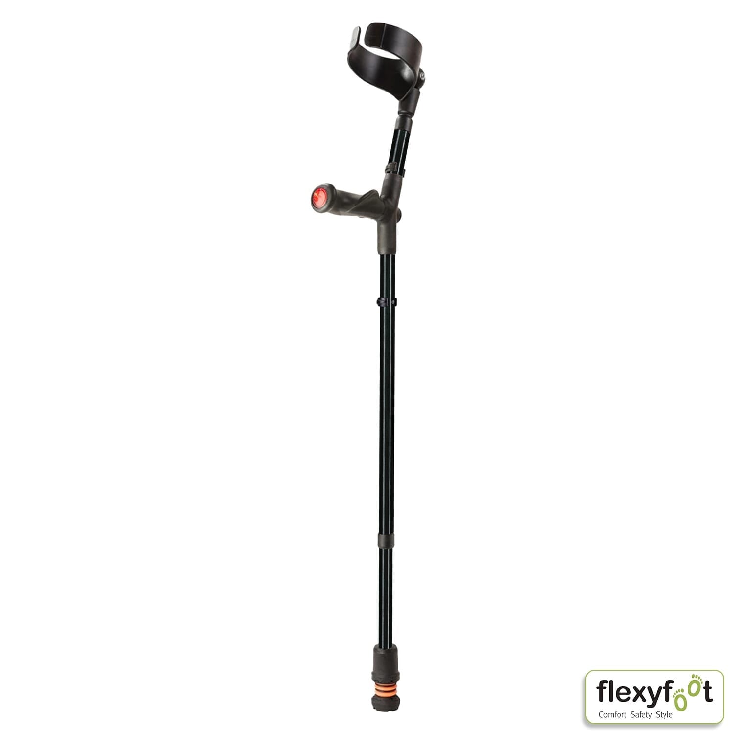 Flexyfoot Comfy Grip Crutch: single elbow crutch on a plain background with an ergonomic handle, adjustable height and open cuff.