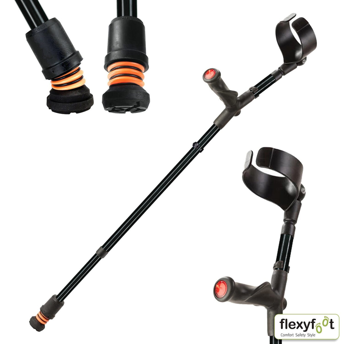 Flexyfoot Comfy Grip Crutch: close-up of handle and cuff, highlighting the comfortable grip and supportive arm cradle.