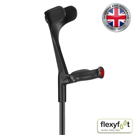 Flexyfoot Comfy Grip Crutch: single elbow crutch on a plain background with an ergonomic handle, adjustable height and open cuff.
