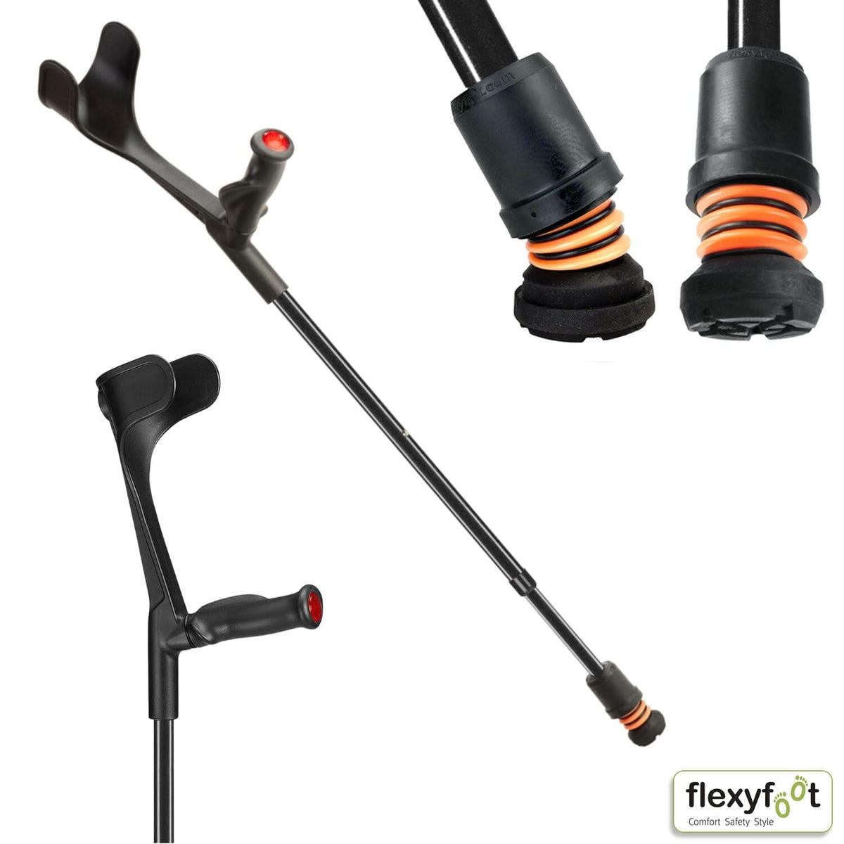Flexyfoot Comfy Grip Crutch: close-up of handle and cuff, highlighting the comfortable grip and supportive arm cradle.