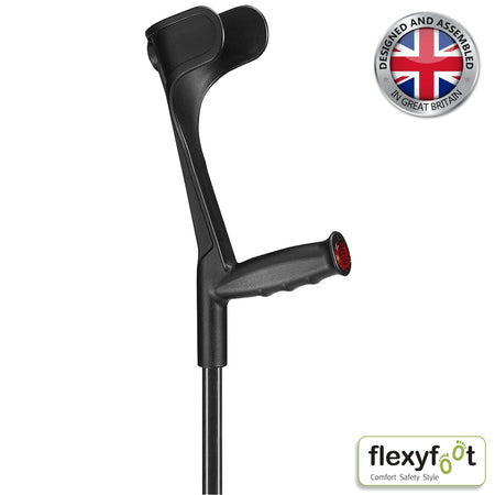 Flexyfoot Ergo Open Cuff Crutch-Single: single elbow crutch on a plain background with an ergonomic handle, adjustable height and open cuff.