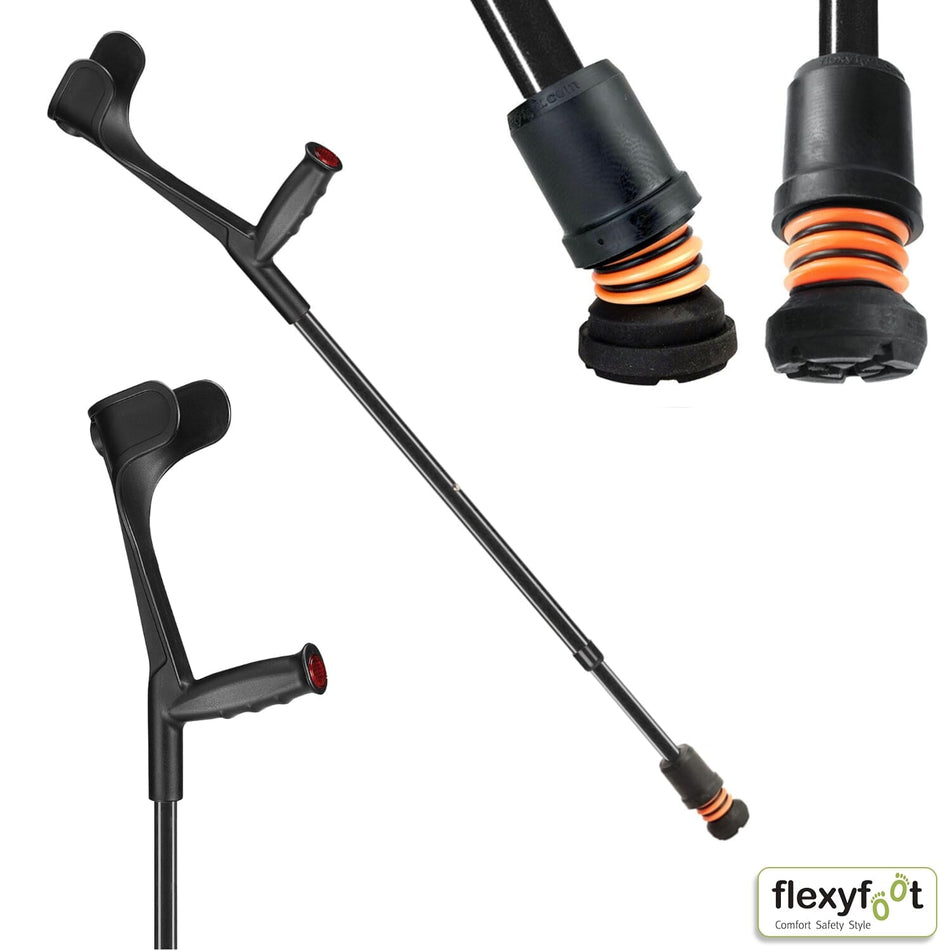Flexyfoot Ergo Open Cuff Crutch-Single: close-up of handle and cuff, highlighting the comfortable grip and supportive arm cradle.
