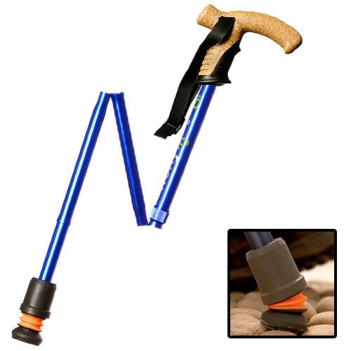Full view of Flexyfoot Folding Walking Stick Tall walking stick on a plain background, showing its handle, shaft and ferrule.