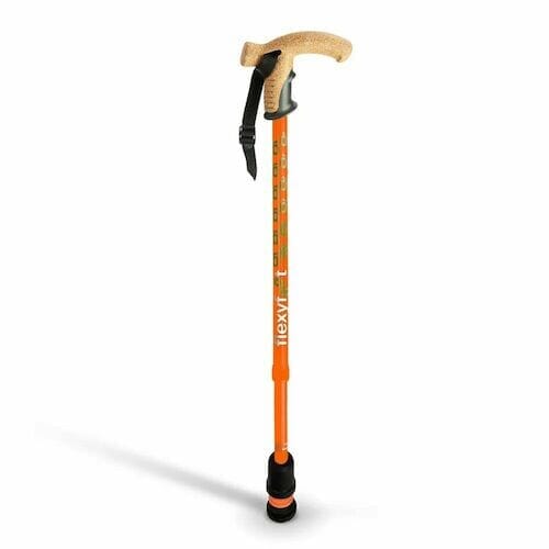 Full view of Flexyfoot Premium Cork Handle Walking Stick walking stick on a plain background, showing its handle, shaft and ferrule.
