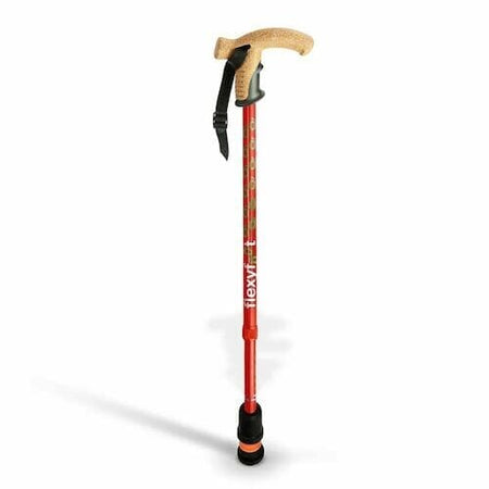 Full view of Flexyfoot Premium Cork Handle Walking Stick walking stick on a plain background, showing its handle, shaft and ferrule.