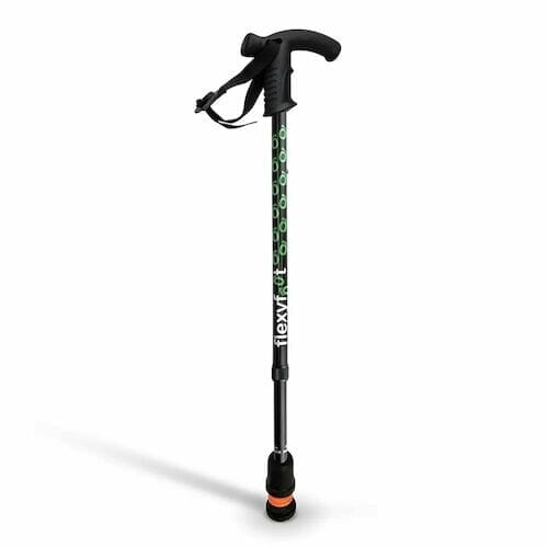 Full view of Flexyfoot Premium Derby Handle Walking Stick walking stick on a plain background, showing its handle, shaft and ferrule.