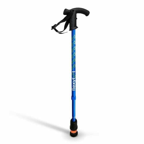 Full view of Flexyfoot Premium Derby Handle Walking Stick walking stick on a plain background, showing its handle, shaft and ferrule.