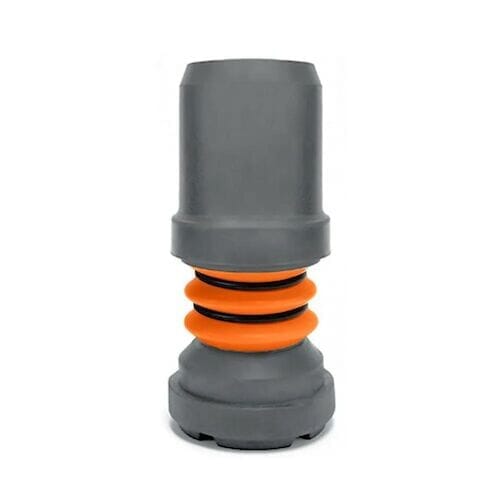 Flexyfoot Shock Absorbing Crutch Ferrule: single elbow crutch on a plain background with an ergonomic handle, adjustable height and open cuff.