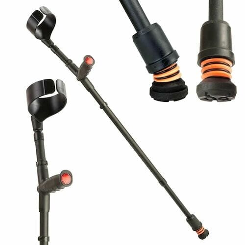 Flexyfoot Soft Grip Double Adjustable Crutch: single elbow crutch on a plain background with an ergonomic handle, adjustable height and open cuff.