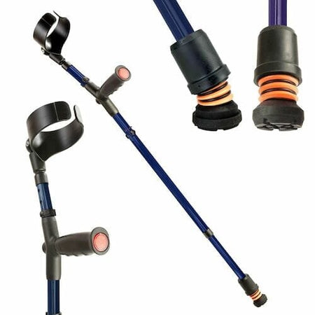 Flexyfoot Soft Grip Double Adjustable Crutch: single elbow crutch on a plain background with an ergonomic handle, adjustable height and open cuff.