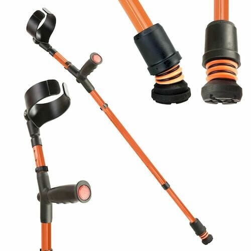 Flexyfoot Soft Grip Double Adjustable Crutch: single elbow crutch on a plain background with an ergonomic handle, adjustable height and open cuff.