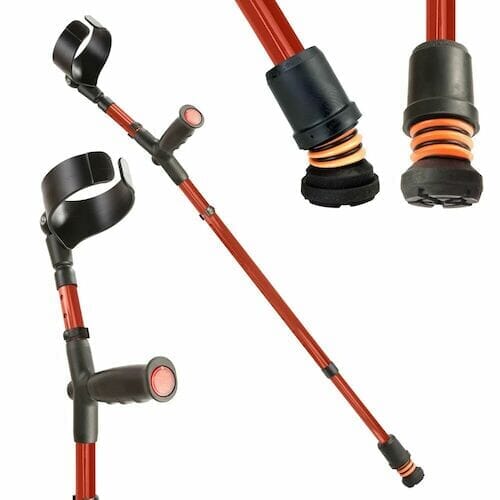 Flexyfoot Soft Grip Double Adjustable Crutch: single elbow crutch on a plain background with an ergonomic handle, adjustable height and open cuff.