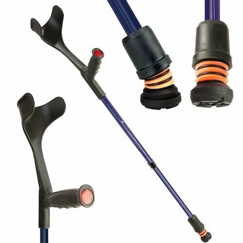 Flexyfoot Soft Grip Open Cuff Crutch: single elbow crutch on a plain background with an ergonomic handle, adjustable height and open cuff.