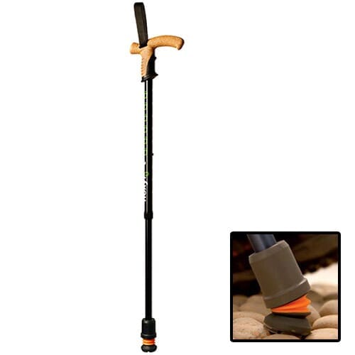 Full view of Flexyfoot Walking Stick walking stick on a plain background, showing its handle, shaft and ferrule.