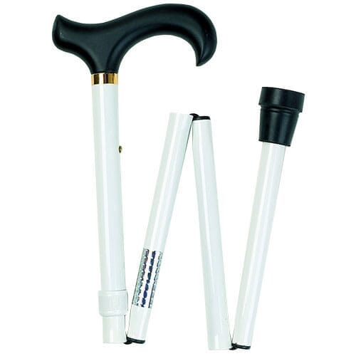 Full view of Folding White Walking Stick walking stick on a plain background, showing its handle, shaft and ferrule.