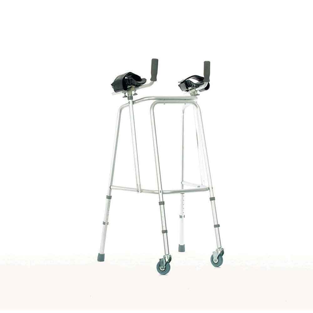 Forearm Walking Frame with Castors on a plain background with two front wheels, two rear ferrules and both upper and lower handgrips.