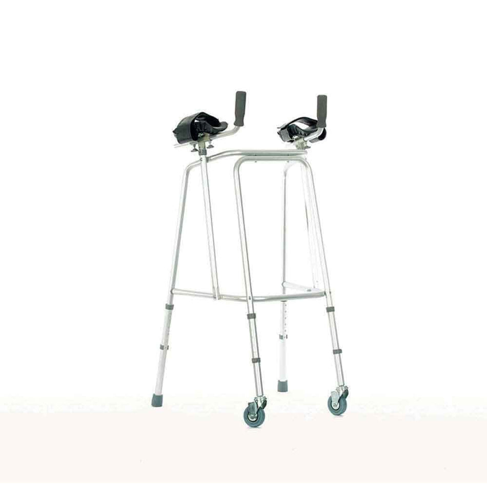 Forearm Walking Frame with Castors on a plain background with two front wheels, two rear ferrules and both upper and lower handgrips.