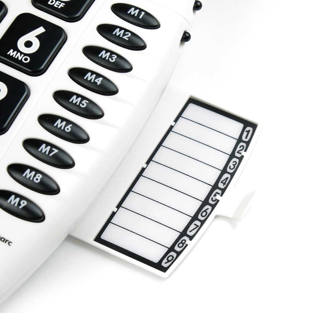 Geemarc CL100 Big Button Telephone being held in a hand, showing the size of the buttons and screen.