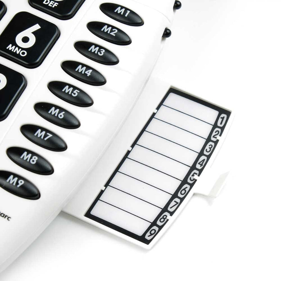 Geemarc CL100 Big Button Telephone being held in a hand, showing the size of the buttons and screen.