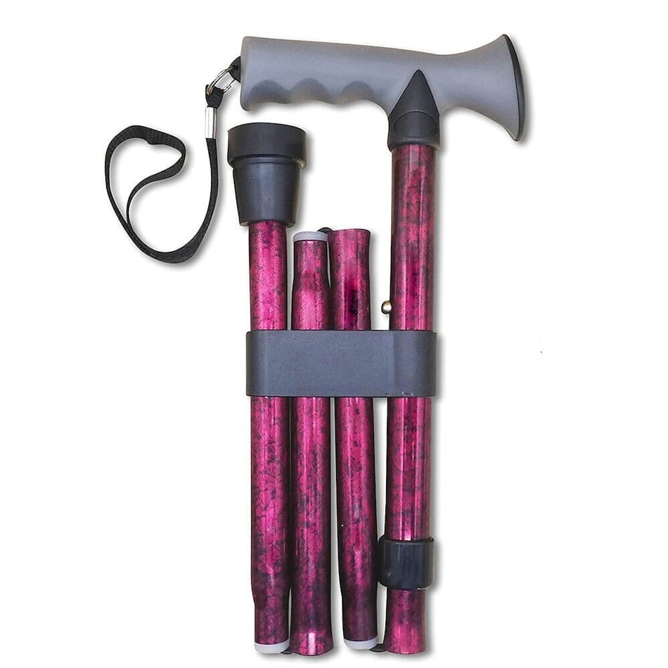 Full view of Gel Handle Folding Walking Stick walking stick on a plain background, showing its handle, shaft and ferrule.