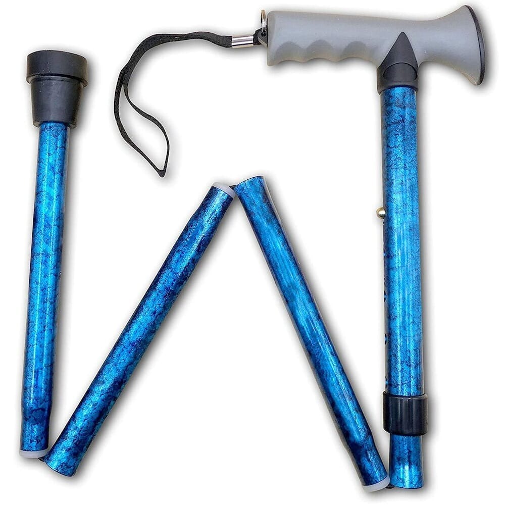 Gel Handle Folding Walking Stick walking stick in use by a person, demonstrating balance and support.