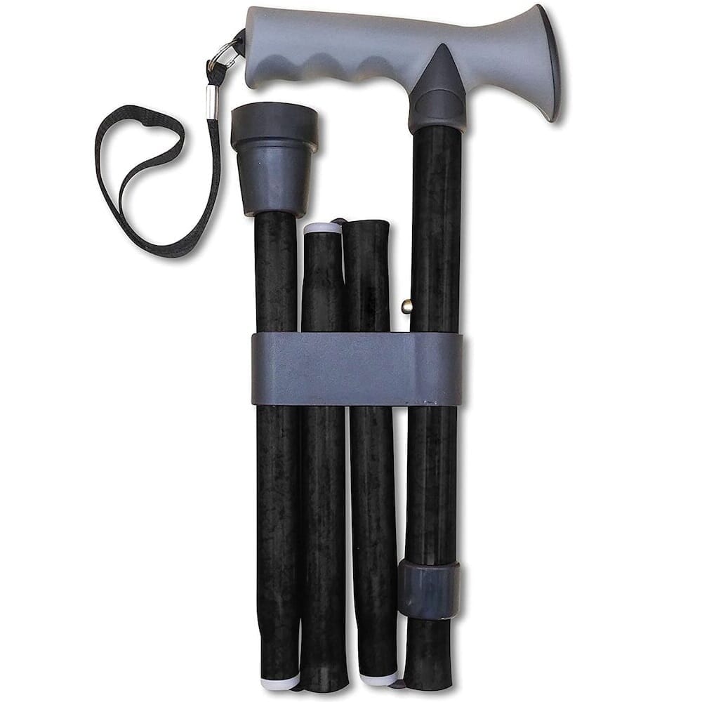 Full view of Gel Handle Folding Walking Stick walking stick on a plain background, showing its handle, shaft and ferrule.