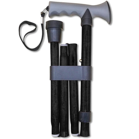 Full view of Gel Handle Folding Walking Stick walking stick on a plain background, showing its handle, shaft and ferrule.