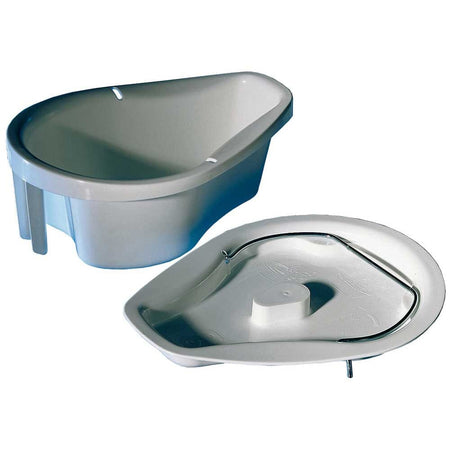 Gordon Ellis Ashby Commode Pan Lid with lid raised showing the open seat and removable commode pan, with supportive arms and adjustable height on a plain background.