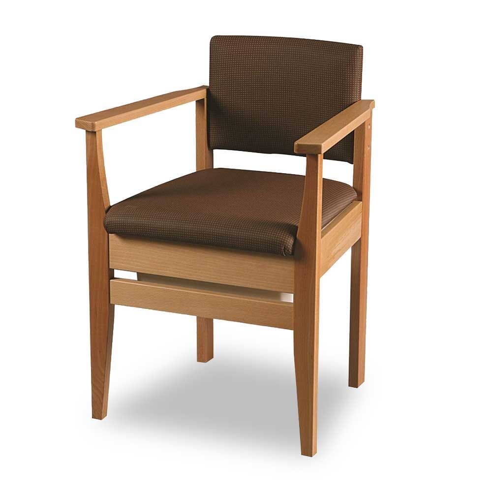 Gordon Ellis Deluxe Commode Chair with lid raised showing the open seat and removable commode pan, with supportive arms and adjustable height on a plain background.