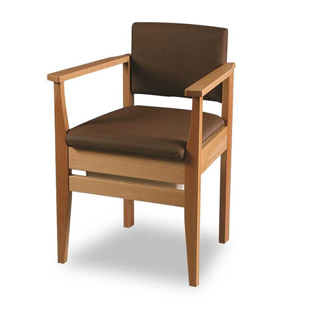 Gordon Ellis Deluxe Commode Chair with lid raised showing the open seat and removable commode pan, with supportive arms and adjustable height on a plain background.