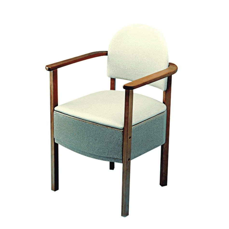 Gordon Ellis Devon Commode with lid raised showing the open seat and removable commode pan, with supportive arms and adjustable height on a plain background.