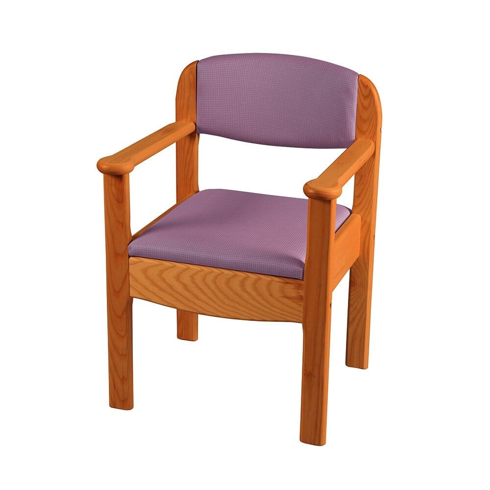 Gordon Ellis Royale Commode with lid raised showing the open seat and removable commode pan, with supportive arms and adjustable height on a plain background.